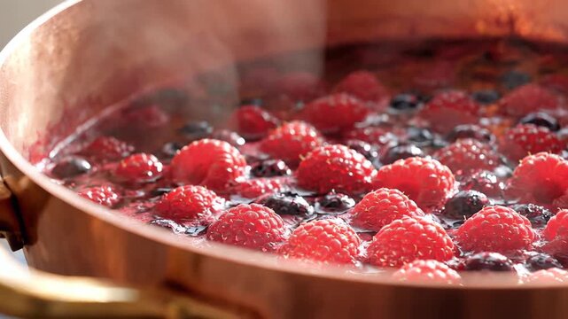 Close-up of vibrant red raspberries and dark blueberries simmering in a copper pot, creating a delicious fruit compote or jam.