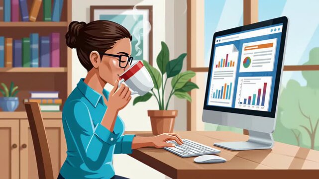 Businesswoman working on computer with charts and graphs while drinking coffee at desk