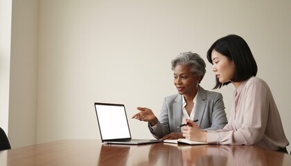 Obraz premium Diverse businesswomen collaborate on a laptop project in a modern office, fostering mentorship and professional growth strategy