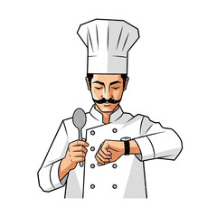 Chef checking watch with spoon, isolated on white