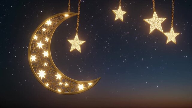 Cinematic 4K footage of crescent moon ornament and star-shaped lights against night sky, soft glowing ambience, symbolic Eid celebration, no humans, loop-friendly