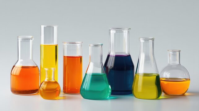 Colorful chemical solutions in Erlenmeyer flasks display, vibrant chemistry visualization, diverse experimental solutions, rainbow laboratory liquids, analytical chemistry aesthetics, with copy