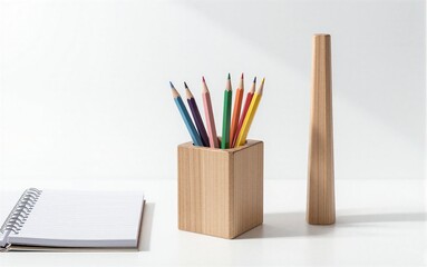 Obraz premium Colorful pencils in wooden holder beside notebook and tall pencil on clean white desk.