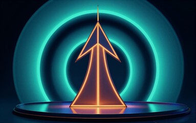 Fototapeta premium Neon arrow glowing on circular platform, surrounded by concentric teal rings in dark space.