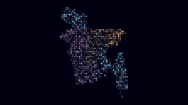 Bangladesh map animation. Shape of the country with pulsating colored dots. Small size square blocks. Digital style Bangladesh map on dark background. Vibrant video.