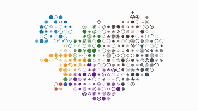 Iceland map animation. Shape of the country with pulsating colored dots. Large size circle blocks. Digital style Iceland map on white background. Vibrant video.