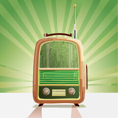 Obraz premium The vintage green retro radio sits on a table indoors emitting signals