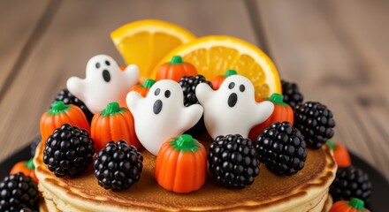 Halloween Pancake Stack with Ghosts, Pumpkins, and Blackberries.