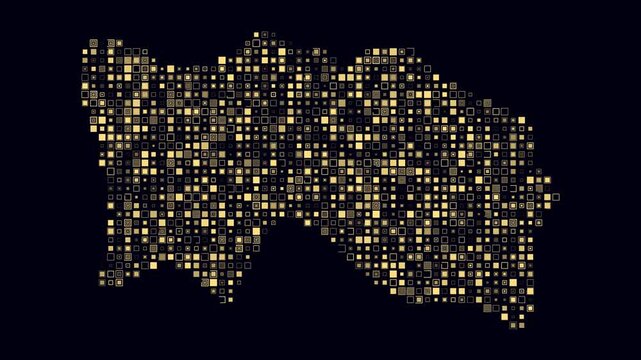 Jersey map animation. Shape of the country with pulsating colored dots. Small size square blocks. Digital style Jersey map on dark background. Trending video.