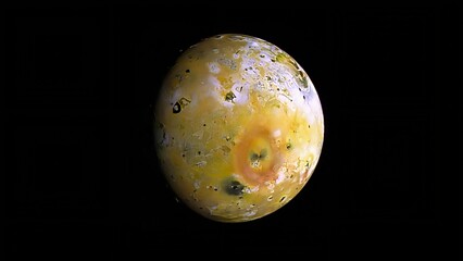 A striking view of Io, Jupiter’s most volcanically active moon, shown against the deep blackness of space.