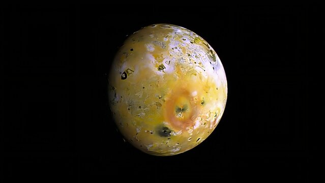 A striking view of Io, Jupiter&rsquo;s most volcanically active moon, shown against the deep blackness of space.