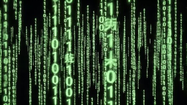 A video showcasing a futuristic digital code background with green binary numbers