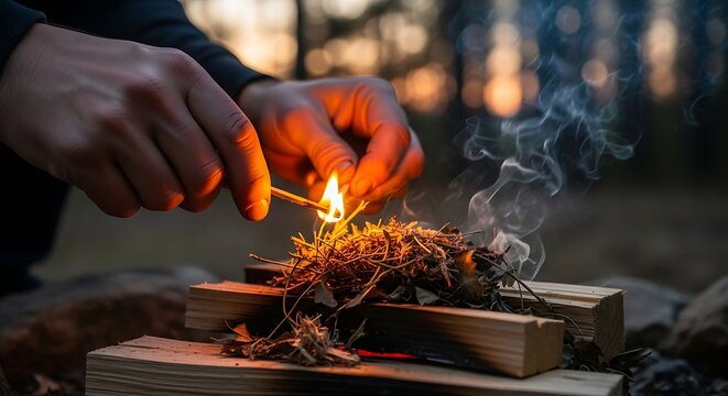 Hands igniting kindling to prepare a campfire for warmth and survival