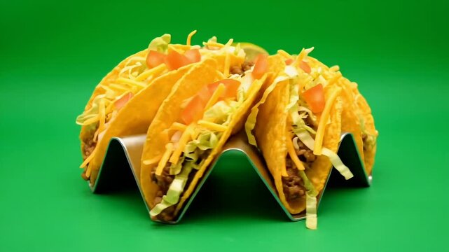 Four crispy hard-shell tacos filled with seasoned ground beef, fresh lettuce, diced tomatoes, and shredded cheese, presented in a metal holder on a bright green background.