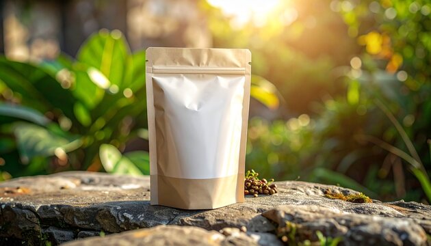 A brown paper bag stands upright on a stone surface surrounded by lush greenery in a serene natural setting with sunlight filtering through