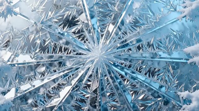 Frost and ice crystals growing in a radial pattern on black background