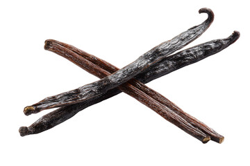 Obraz premium Three long, dark-brown, aromatic pods, crossed against a black background, showcasing intricate textures