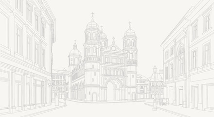 Naklejka premium cityscape architecture sketch, church building, urban scene, european street