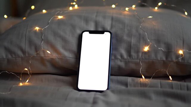 Smartphone on Bed with String Lights.