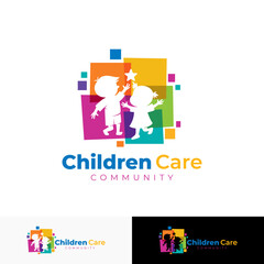 logo of two small children, a boy and a girl, playing happily, pixel logo technology
