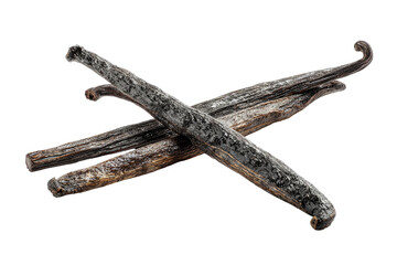 Obraz premium Three dark, wrinkled vanilla beans, arranged to cross over each other against a black background