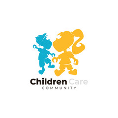 Charity logo, logo of two small children, a boy and a girl, playing happily