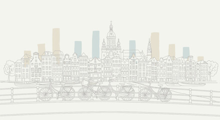 amsterdam skyline with bicycles, dutch architecture and canal bridge