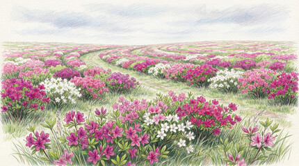 Obraz premium English: Colored pencil illustration of a vast azalea flower field, panoramic spring landscape wallpaper