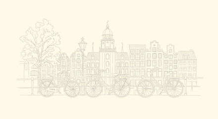 Obraz premium amsterdam cityscape with bicycles, line art illustration