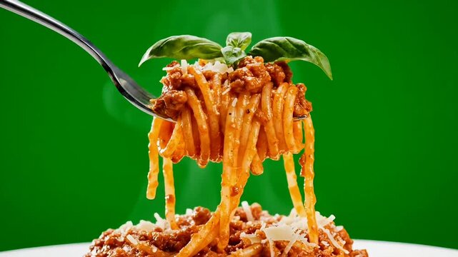 A fork lifting steaming spaghetti bolognese with a basil leaf against a vibrant green background, showcasing a delicious Italian meal.