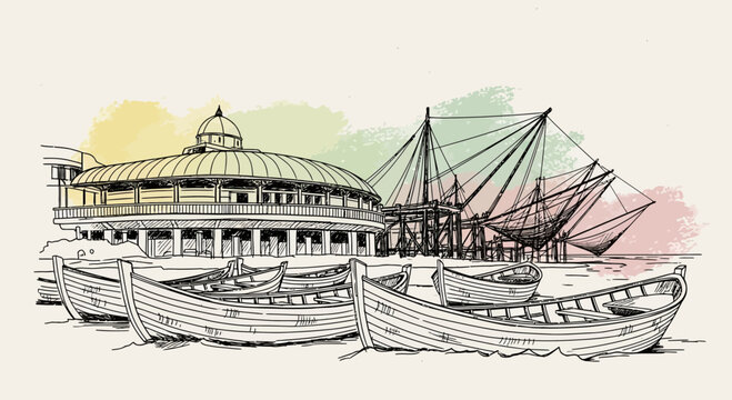 fort kochi boats, chinese fishing nets, kerala india illustration