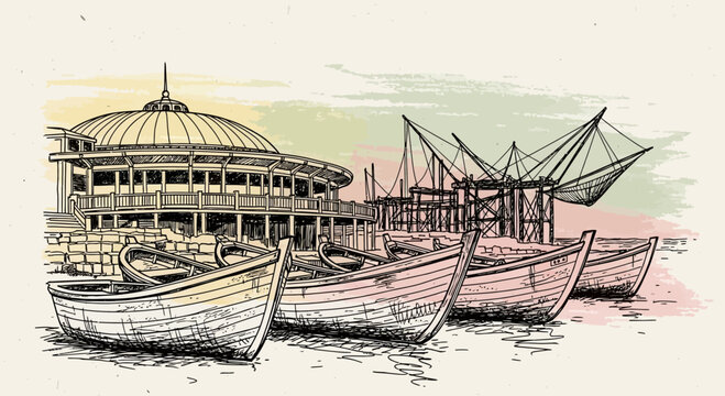 boats near building, chinese fishing nets, kerala india
