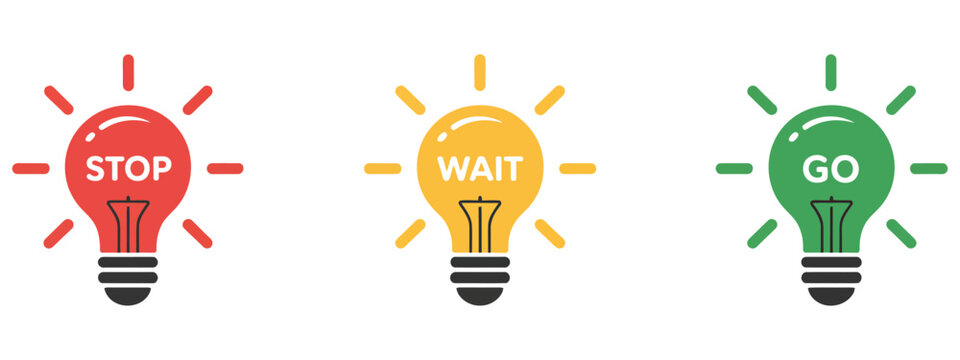 Stop wait  and go vector icon set, featuring flat green, yellow, and red light bulbs with letters, ideal for traffic management, road signage, safety campaigns, urban planning