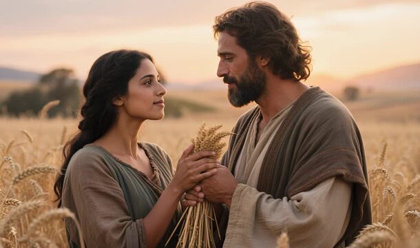 Ruth Meeting Boaz in Golden Wheat Fields, Biblical Romance