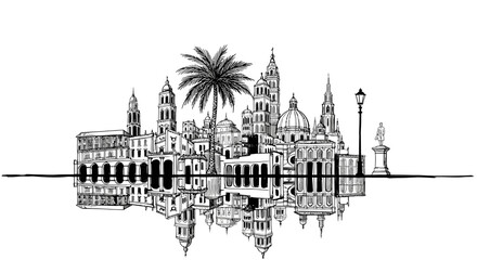 Obraz premium city skyline drawing, architecture reflection, urban landscape, black and white art
