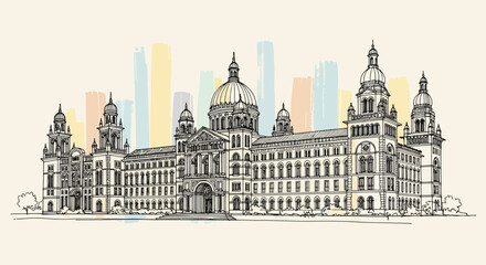 Obraz premium glasgow city chambers, architectural drawing, colorful background