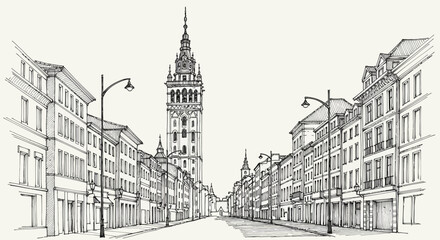 Obraz premium city street view with tower, architectural drawing