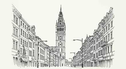 Fototapeta premium munich city hall sketch, historical architecture, urban street view
