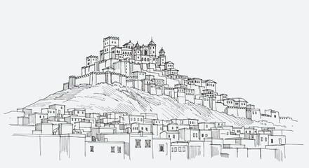 Fototapeta premium ancient city on a hill, historical architecture drawing