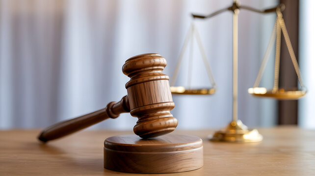A wooden gavel on a block with a gold scale behind on a table in a courtroom or law setting with a judge present