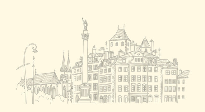 warsaw old town skyline, hand drawn illustration, architecture