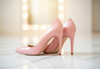 ドレッサーの前で光り輝くパステルピンクの艶やかなハイヒール