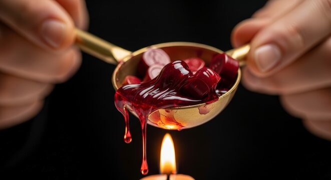 Hands melting red wax candle.