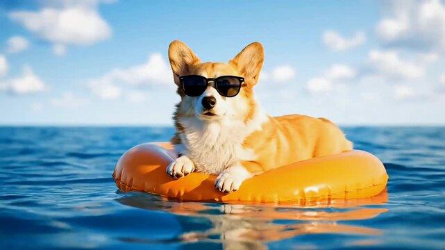 A corgi dog wearing sunglasses and floating on an orange inflatable ring in the blue ocean under a sunny sky.