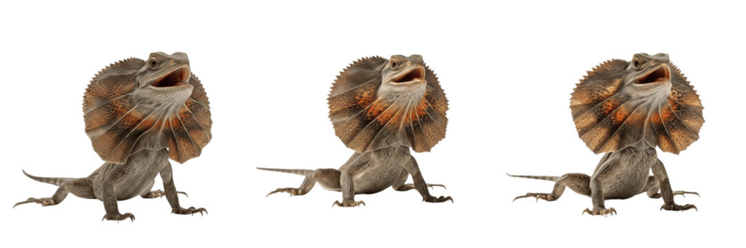 Frilled-Neck Lizard (Chlamydosaurus kingii) Isolated on White Background, Full Body Australian Arboreal Reptile Standing on White Floor, Exotic Agamid Lizard Cutout, Wildlife Stock Photo Image
