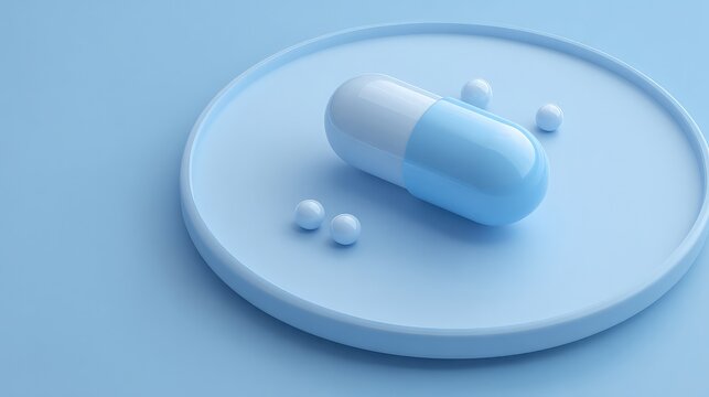A blue and silver capsule lies on a soft blue background, representing medicine and healthcare