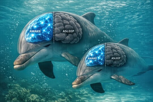 Dolphins With Brain Activity Shown in Awake and Asleep States in an Underwater Scene