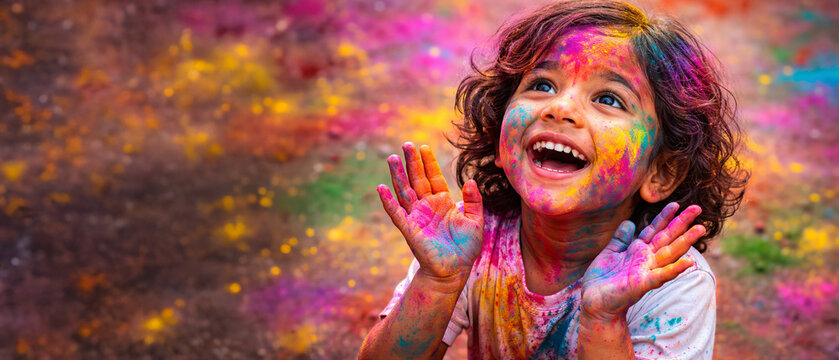 Indian kid smiling with colorful powdered face and hands, celebrating Holi festival. Joyful Hindu spring festival for greeting cards, copy space, banner