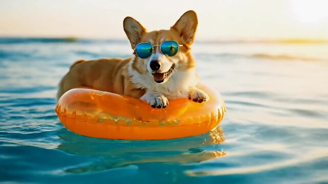 A happy corgi dog wearing cool sunglasses and floating on an orange inflatable ring in blue water at sunset.
