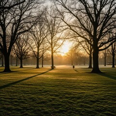 Fototapeta premium Golden Sunrise Illuminating a Tranquil Park Landscape.